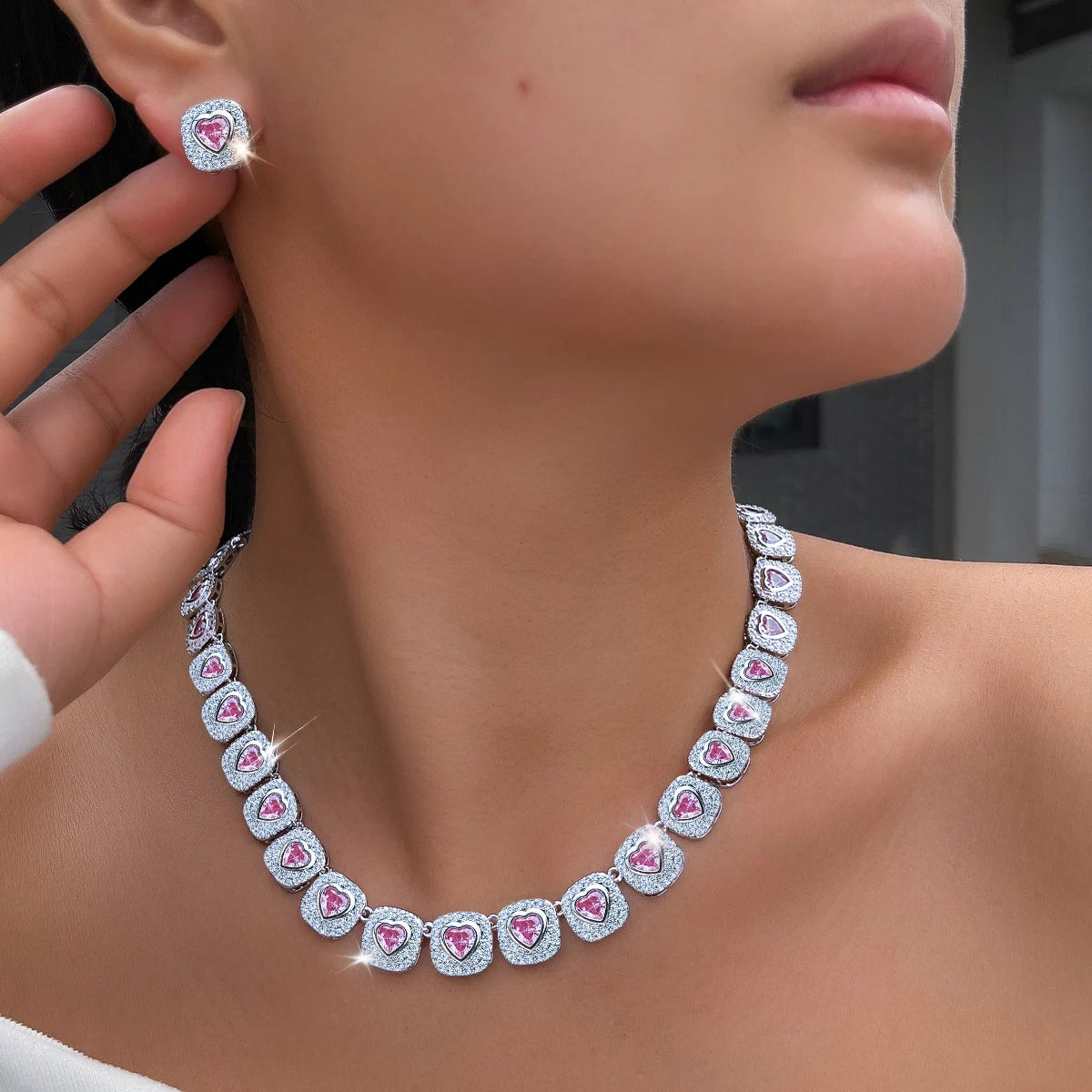 Sparkling Heart Cut Pink Cubic Zirconia Halo Pave Necklace and Earrings Set 18k Gold Plated Bridal Jewelry Set  for Women Gifts