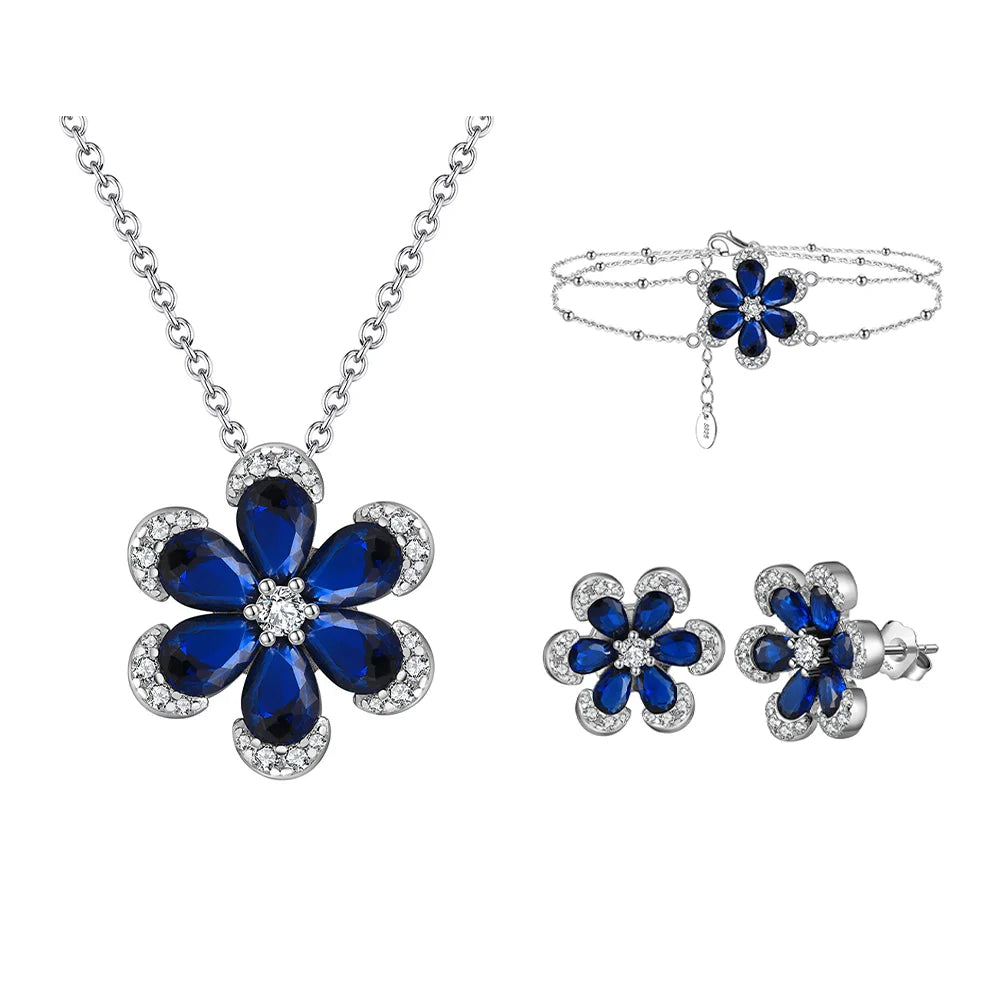 RI SILVERELLI- LZE21 LZN17 LZB03 Sapphire Flower Zirconia Pendant Series 925 Sterling SilverJewelry Set Necklace Earrings Bracelet