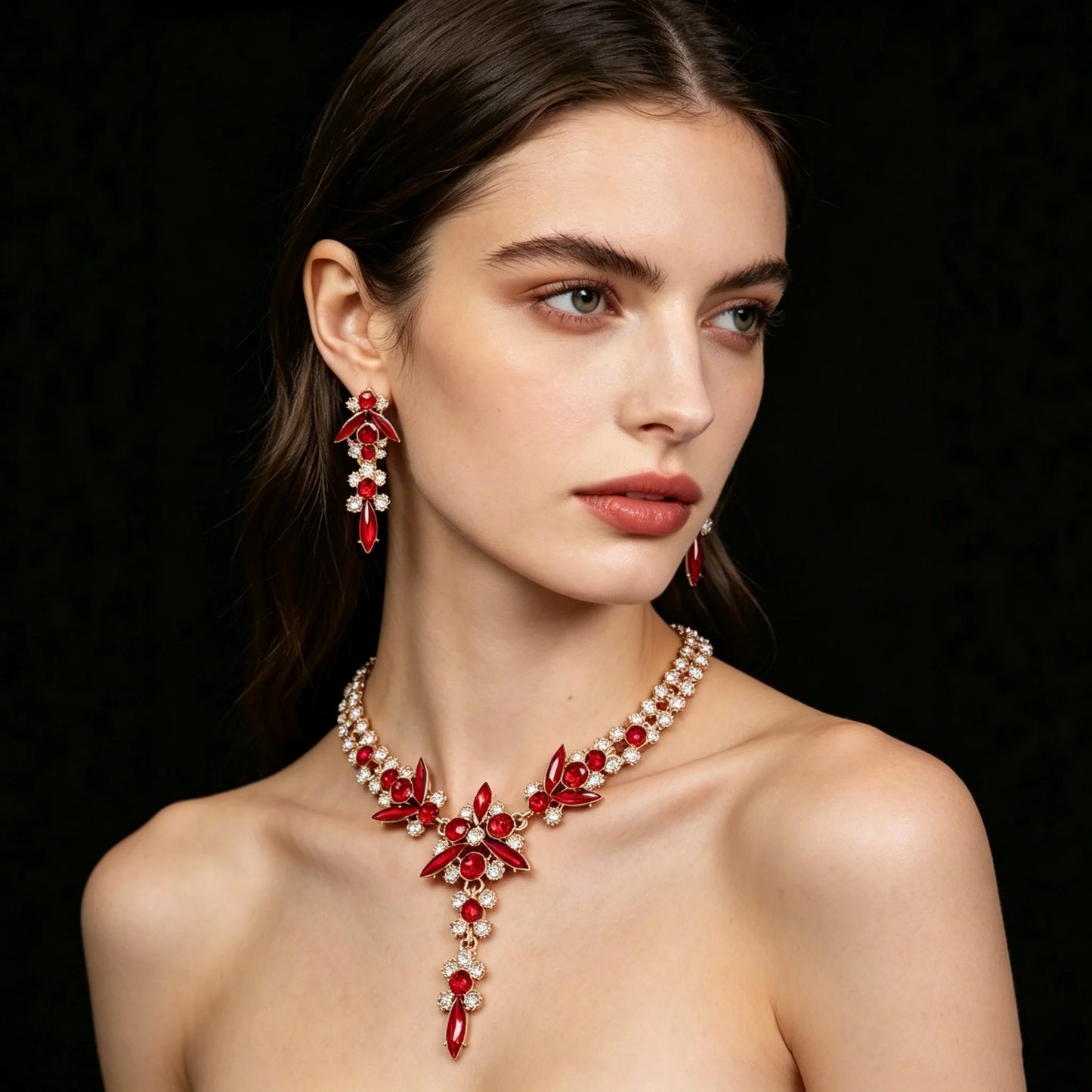 XM S340 Champagne Crystal Zircon Floral Necklace & Earrings Set