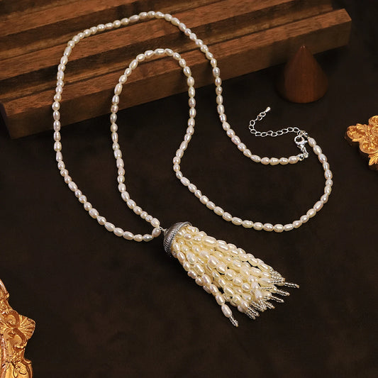 Natural Freshwater Pearl Tassel Necklace for Women Daily Party Wedding Dainty Bridal Necklace Korean Style Fashion Jewelry