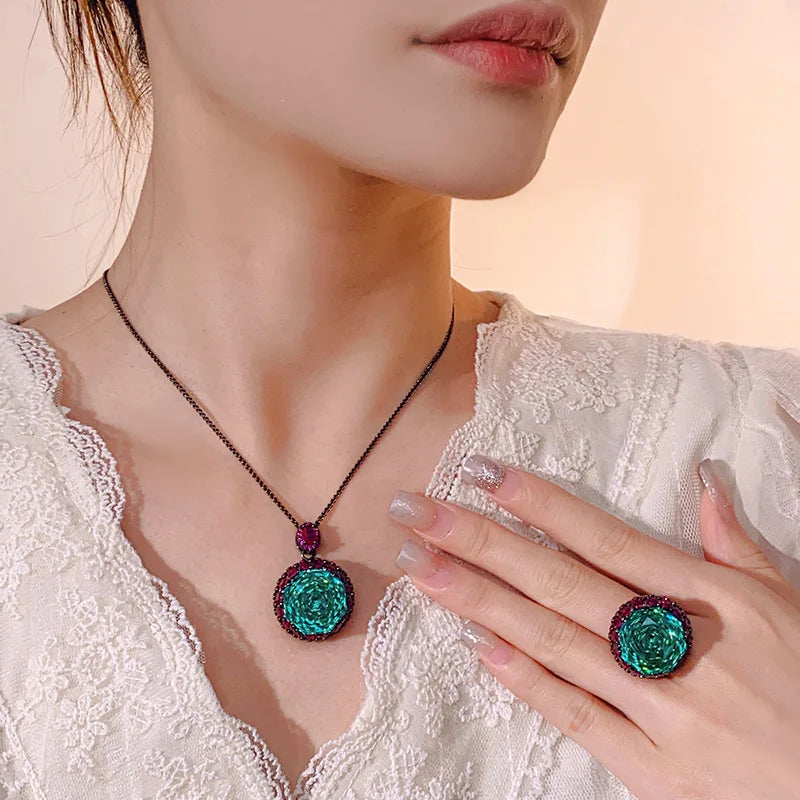 REDheart Fashion Brass Inlaid Zircon 18K Gold Plated Flower Design Black Opening Ring Women's Luxury Green Light Pendant Necklace Set