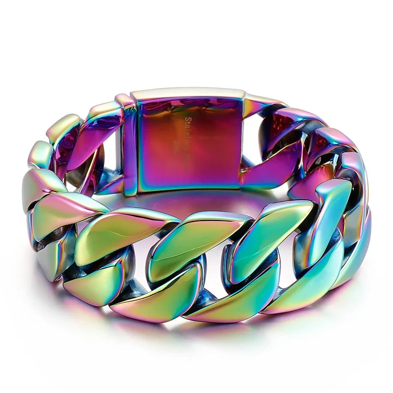 KALEN 215/220/230mm Blue/Rainbow Stainless Steel Hip-hop Cuban Link Bracelets