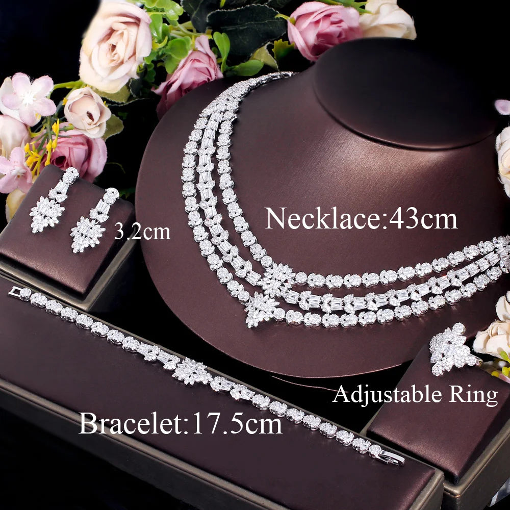 4pcs Necklace Earrings Bracelet Ring Women Zirconia Multiple Layer Wedding Jewelry Set for Bridal Luxury Costume Accessories