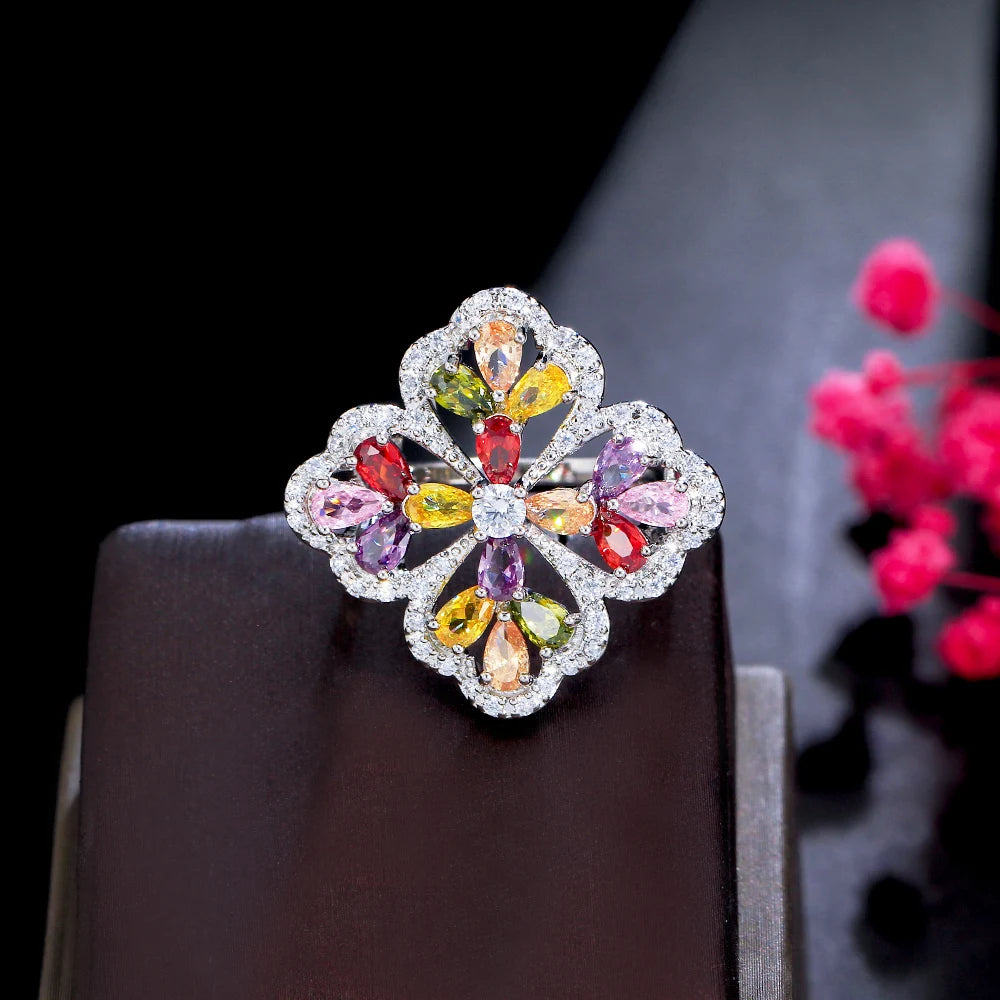 S&S CZ Pavé Chunky Flower Statement Ring – Colourful, Blue & Green – Collection