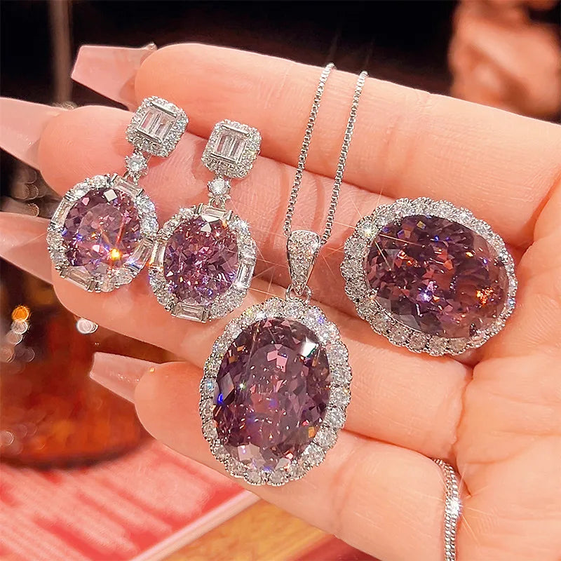 Gemfiori Fashion Jewelry Set with Purple Shining Zircon Jewelry Three Piece Exquisite Ring Earnail Pendant Jewelry