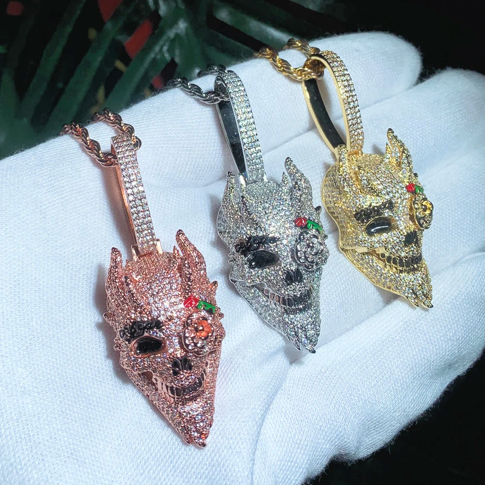 BiG-BOSS Bling Full Diamond 3 Colors Cool Rock Punk Men Jewelry Micro Pave CZ Iced Out Big 3D Shaped Skull Pendant Hip Hop Necklace