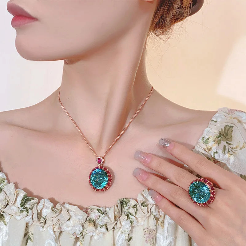 REDheart Copper Inlaid Zircon Gold-Plated Trendy Oval Zircon Ring Bird's Nest Ce Para Green Necklace Wedding & Party Jewelry Set
