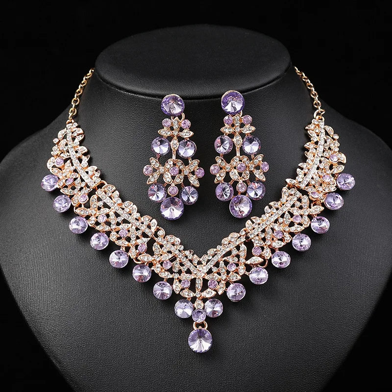 Crystal Flower Necklace & Earrings Jewellery Set | 6 Colours Bridal Evening Fashion Set