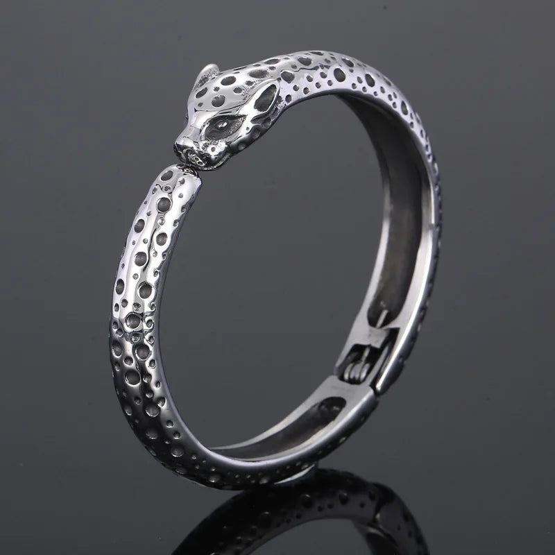 REBEL Unisex Fashion Stainless Steel Leopard Head Charms Open Cuff Bangle Bracelet