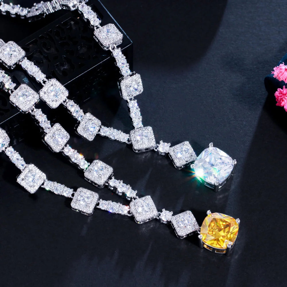 Classic Square Cut Yellow Cubic Zirconia Stone Wedding Necklace Earrings Dubai Nigerian CZ Bridal Jewelry Sets