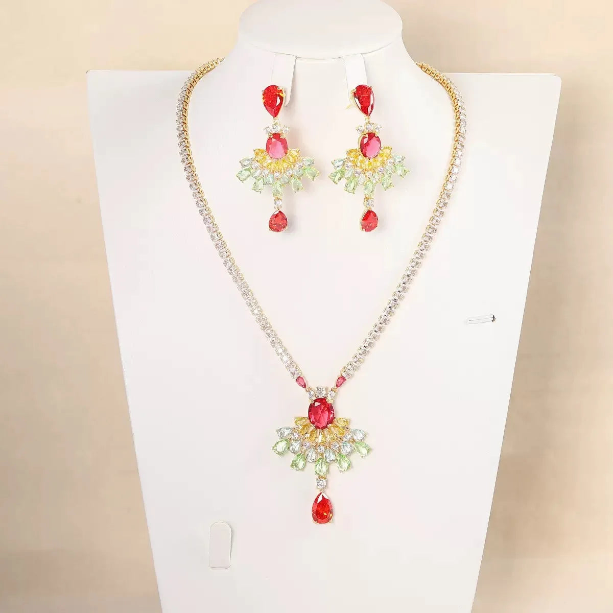Bella Viva Luxury Fan Dangle Colorful Cubic Zirconia Necklace and Earring Sets, 18K Gold Plated Brass, for Formal Banquet Party