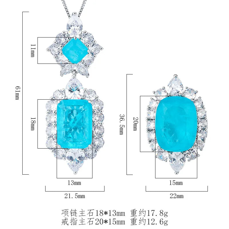 Gemfiori Light Luxury Niche High-end Jewelry Ice Flower Crack Blue Zirconium Pendant Ring Set Creative and Personalized Design
