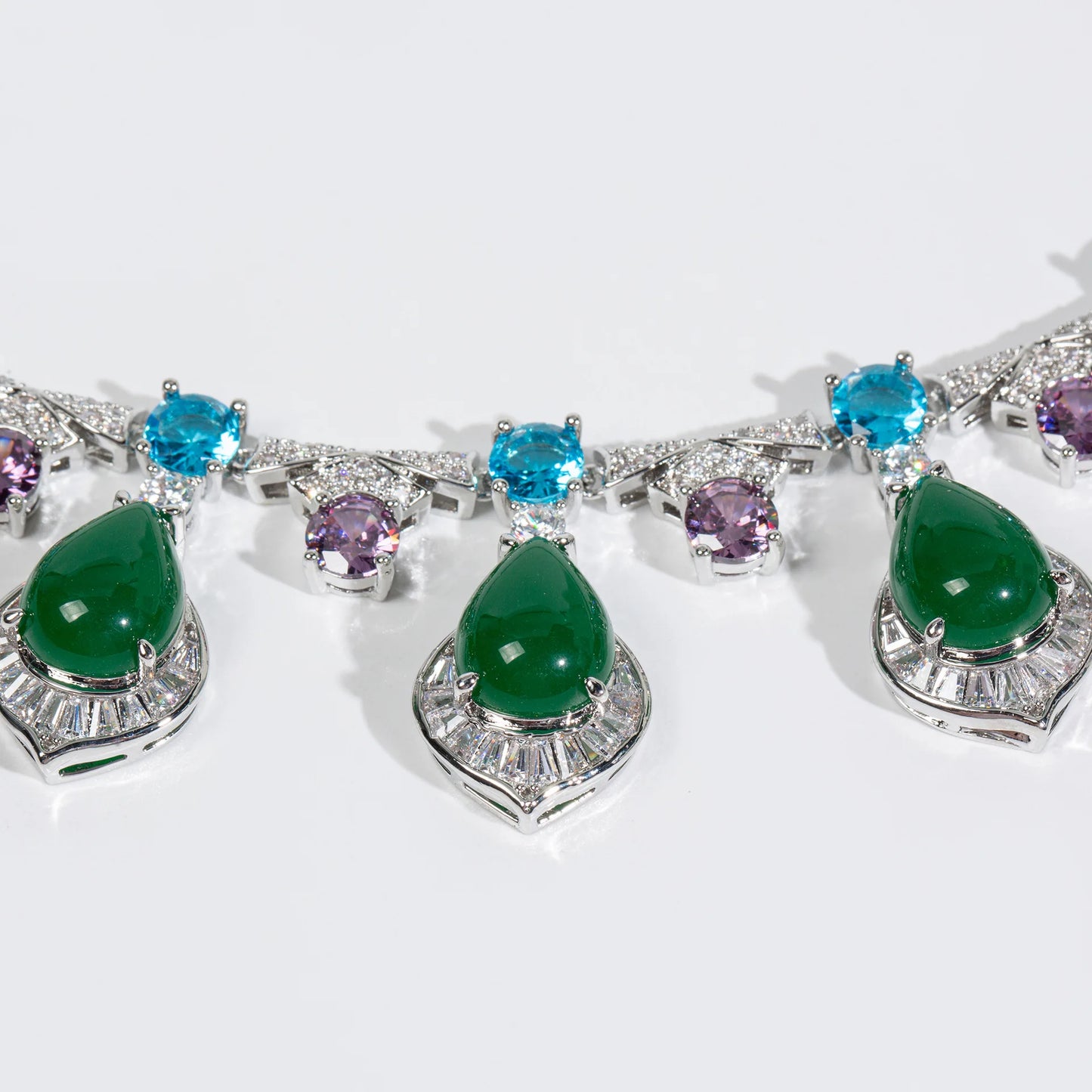 Luxury Full Pavé Colourful Zirconia Geometric Necklace & Earrings Bridal Set — Red, Green & White
