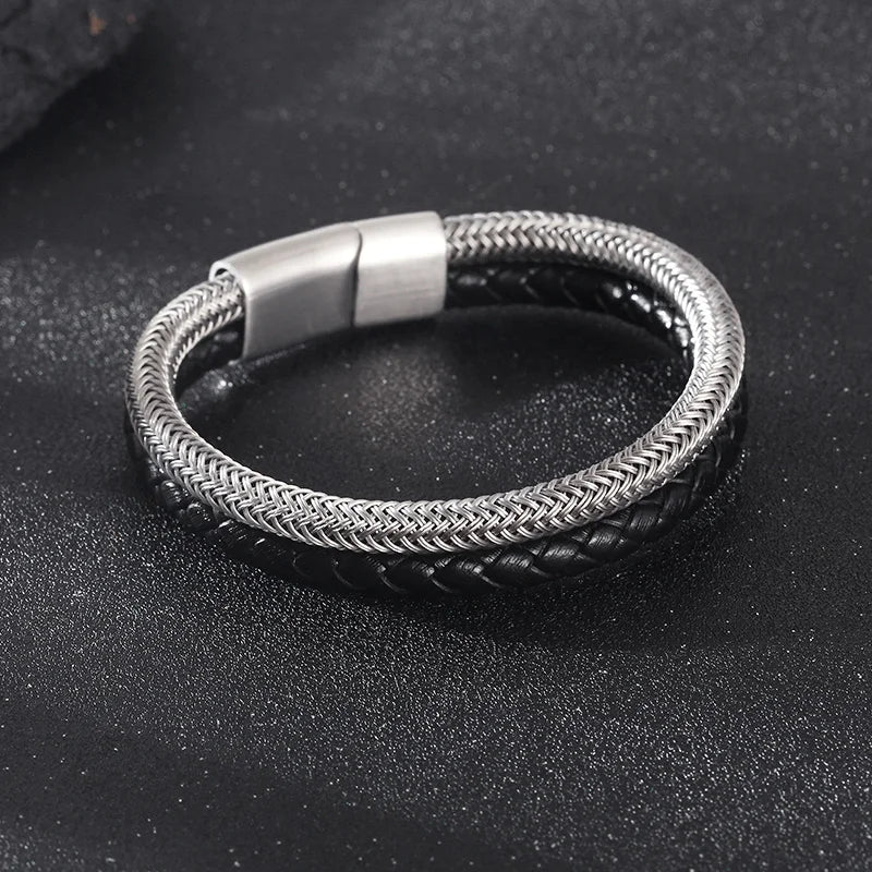 KALEN 12mm Width Men Mature Silver/Black Stainless Steel&Cowhide Leather Double Chain Bracelet