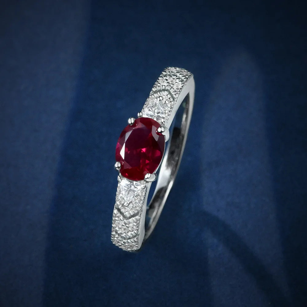 MuShan Jewelry Factory New Egg Shaped 5*7 Simple 1 Carat Red Blue and Green Gemstone 10 European and American Light Luxury Ring