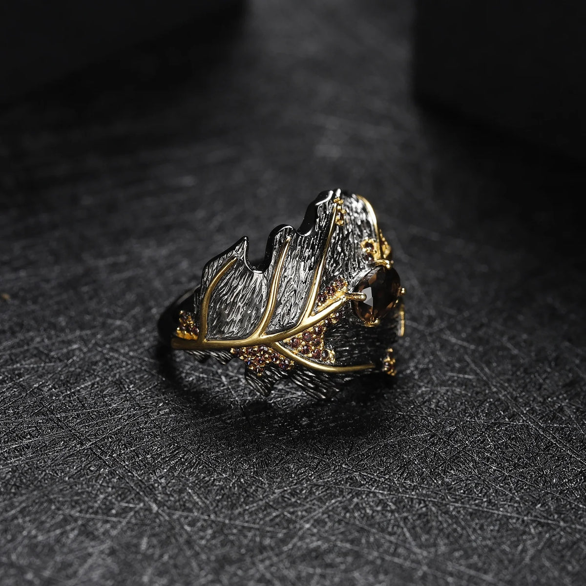 ArtistA C7551 Abiding Black Gold Plated Maple Leaf Design Natural Smoky Quartz 925 Silver Dubai Jewelry Sets Jewellery