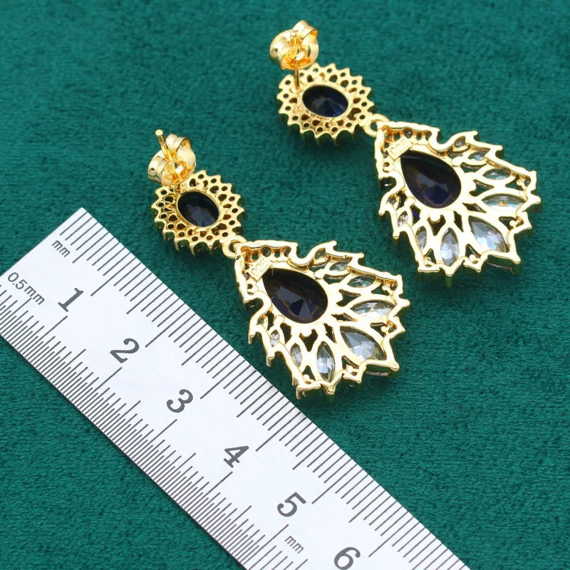 XOTICA Yellow Gold Plated Jewelry Set Women Wedding Sapphire Water Drop Trendy Blue White Crystal Claw Setting Bracelet Earrings