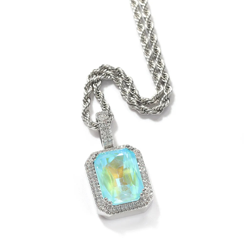 BiG-BOSS Hip Hop Mocha Fluorescent Square Solid Gemstone Pendant Necklace Trendy Cold for Men Women Perfect Neutral Sweater Chain Gift
