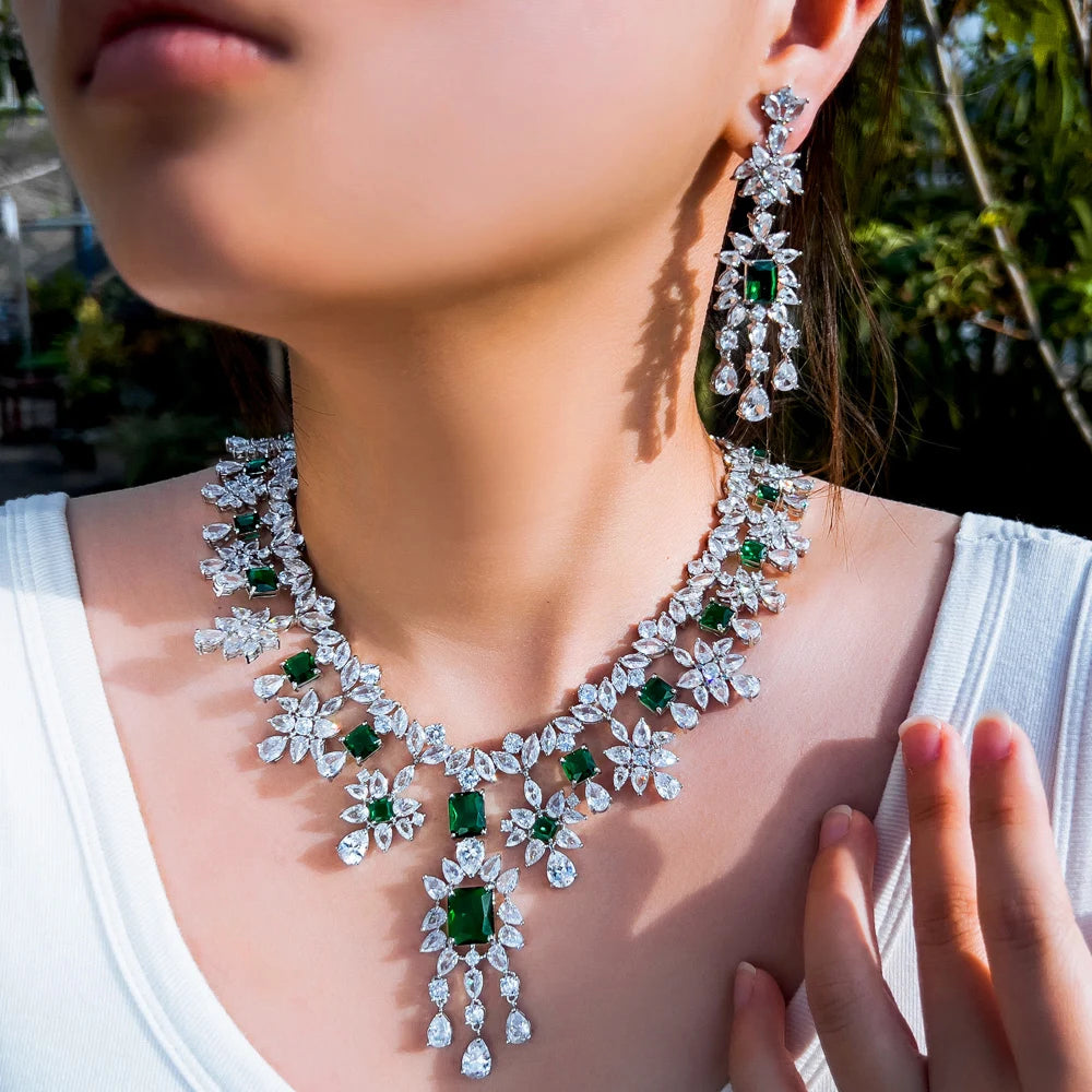 Luxury Dangle Tassel Drop Cubic Zirconia Green Wedding Decor Party Big Necklace Bridal Jewelry Sets for Women