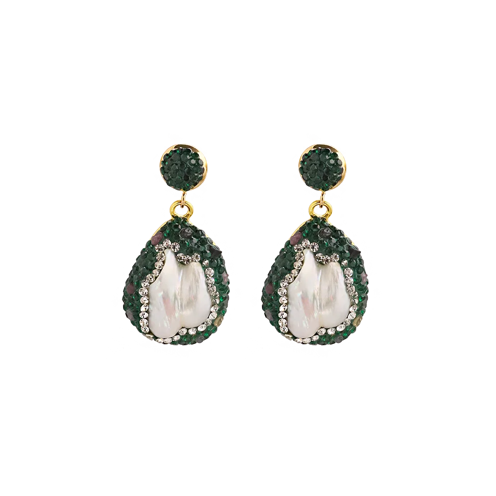 Natural Baroque Pearl Inlaid Zircon Green Earrings for Women Korean Classic Vintage Fashion Jewelry Stud Earrings GE1602