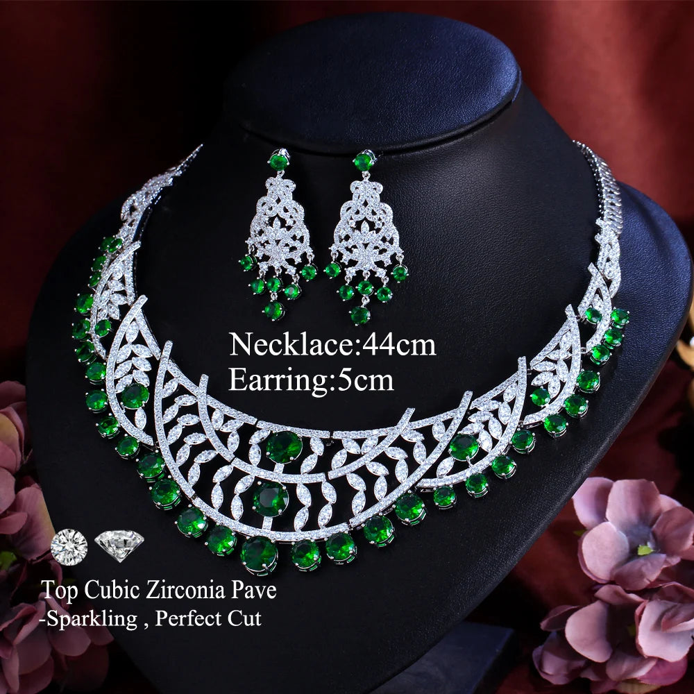 Luxury Necklace and Earrings White and Emerald Green Cubic Zirconia Super Big Jewelry Set for Women Banquet Engagement Jewelry