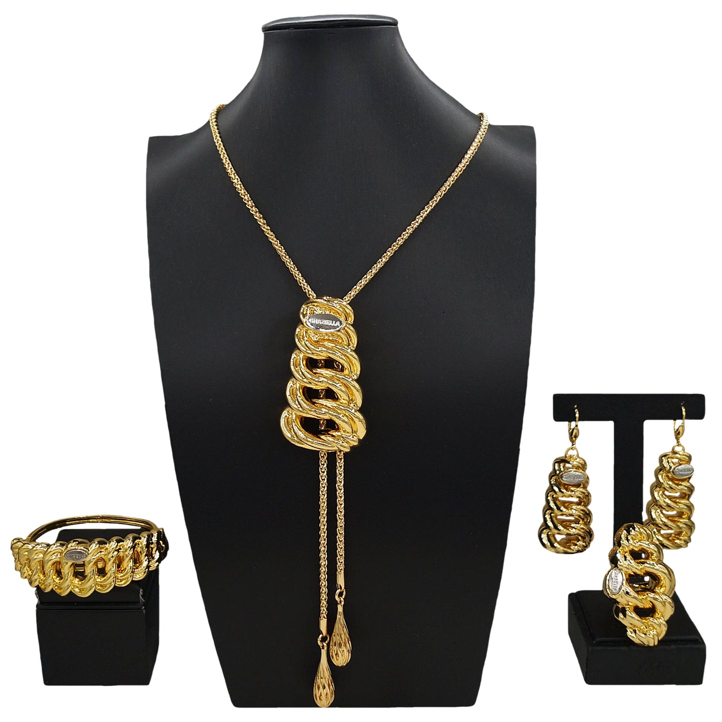 Zhuerrui Modern Elegant Series Gold-plated Jewelry Set Interlocking Tassel Pendant African Noble Wedding Ring BraceletHK013522