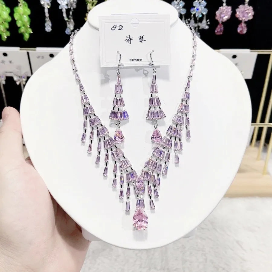 K072 High Quality Women Trendy Luxury Pink Tassel Zircon Bridal Necklace Earrings Set Wedding Elegant Jewelry Set