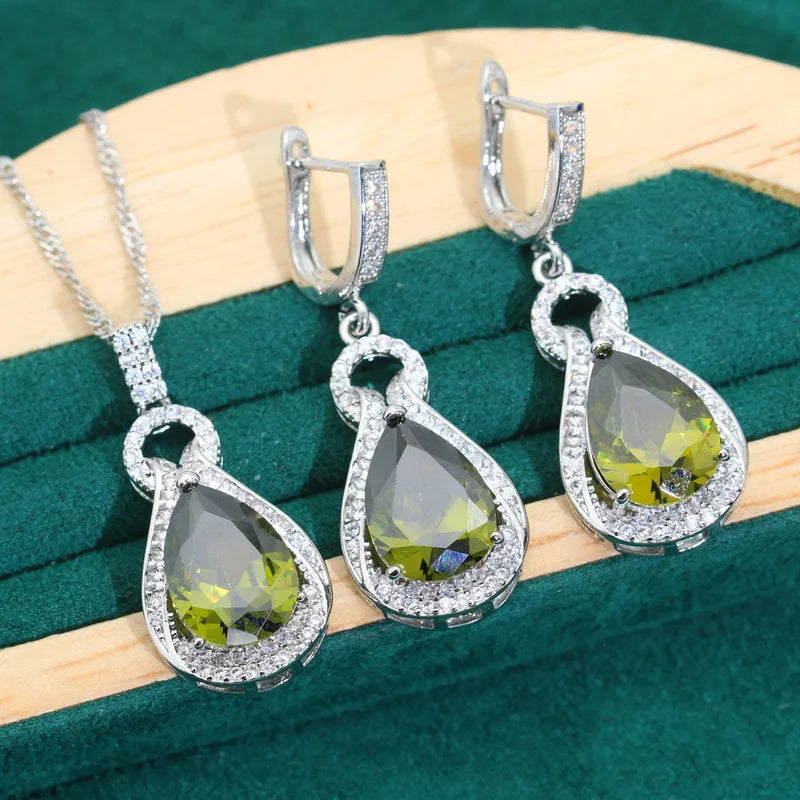 XOTICA 925 Silver Jewelry Set for Women Water Droplet Olive Green Zircon Earrings for Wedding Engagement Birthday Dating Gift Ideas