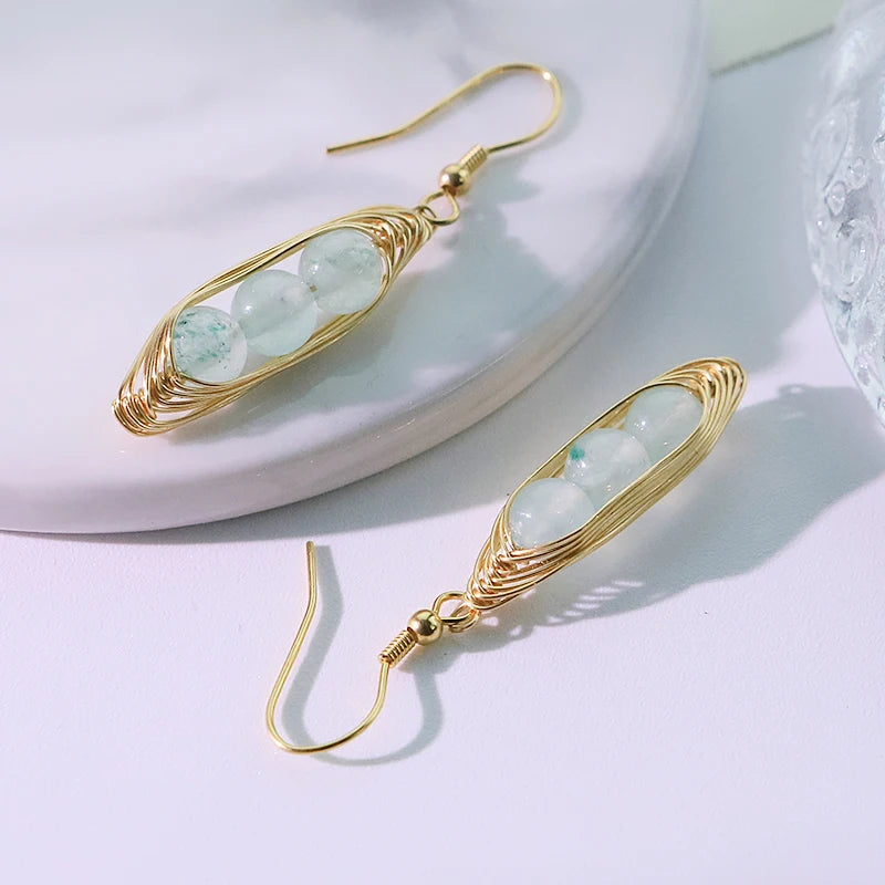 Natural Stone Four Seasons Bean Aquamarine Pendant Earrings 18k Electroplated Design Earrings Women's Jewelry GE0880C