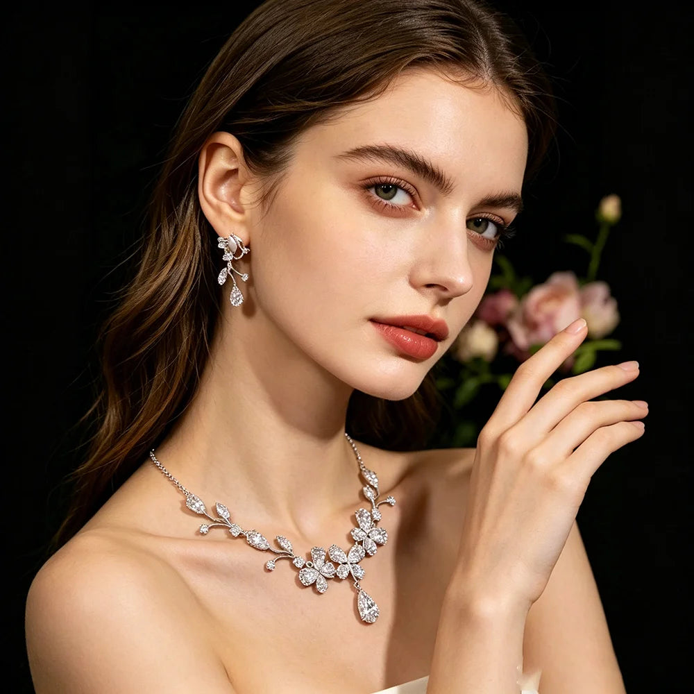 XM S310 Zircon Floral Branch Bridal Necklace & Drop Earrings Set