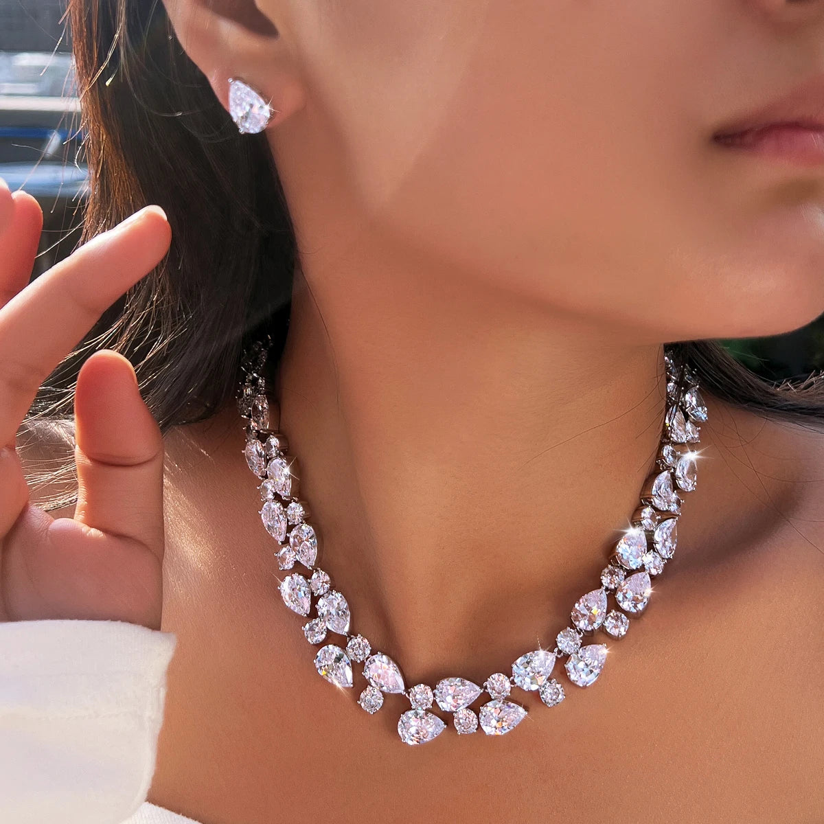 Stunning Rhodium Plated Round Tennis CZ Jewelry Set Cubic Zircon Drop Dangle Necklace Earrings Jewelry Set for Women Engagement