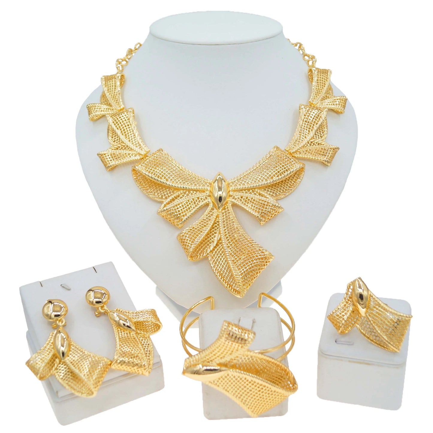 Zhuerrui New =Italian Jewelry 4-piece Set Gold Plated Bow Mesh Copper Ring Fashion Exquisite Ladies Party Jewelry Gift BoxH00774