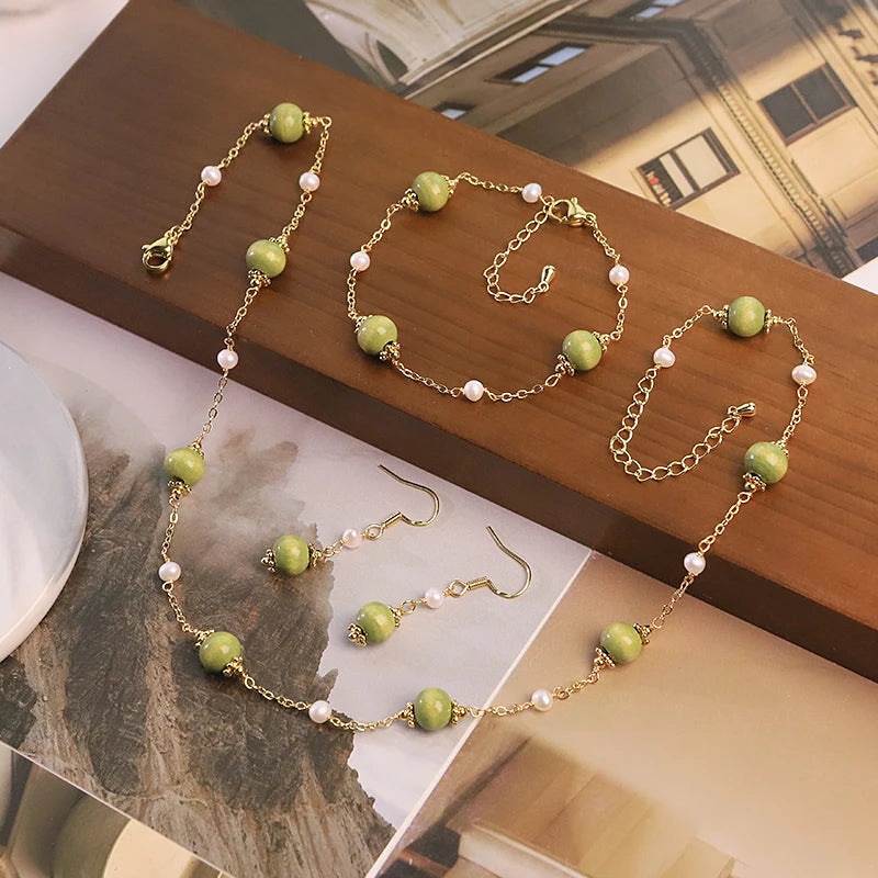 GLSEEVO Natural Freshwater Pearl & Olive Green Wood Bead 3-Piece Jewellery Set — Necklace, Bracelet & Earrings