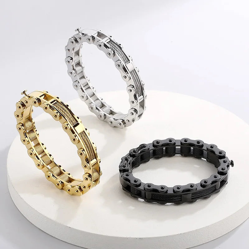 KALEN Casual Gold/Silver/Black Stainless Steel Biker Chain Open Bangle Bracelet