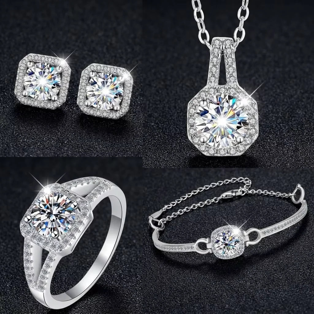 REDheart Luxury 925 Silver Jewelry Sets for Women Ladies with Moissanite Bracelet Ring Earring Necklace for Party Engagement