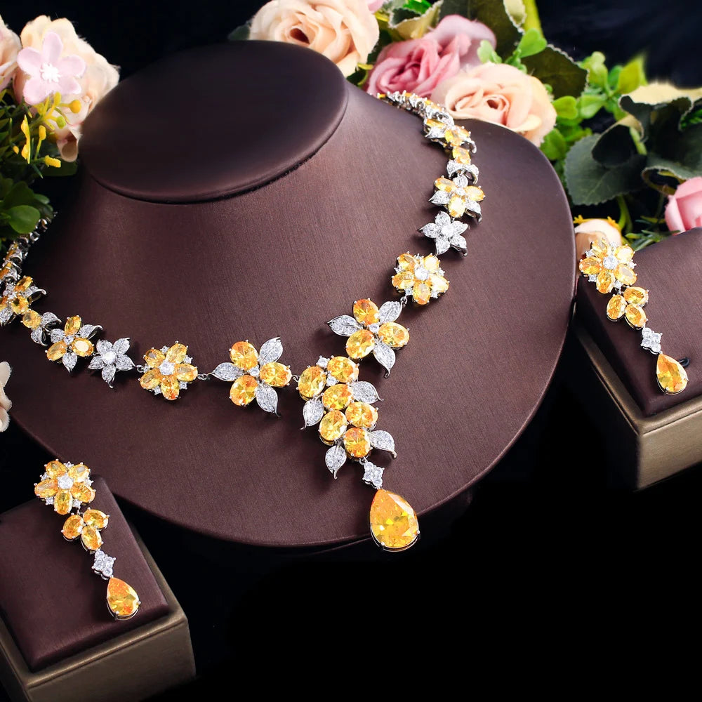 Gorgeous Chic Cubic Zircon Women Luxury 2pcs Sets Necklace and Earrings Wedding Party Yellow Flower Big Jewelry Set for Brides