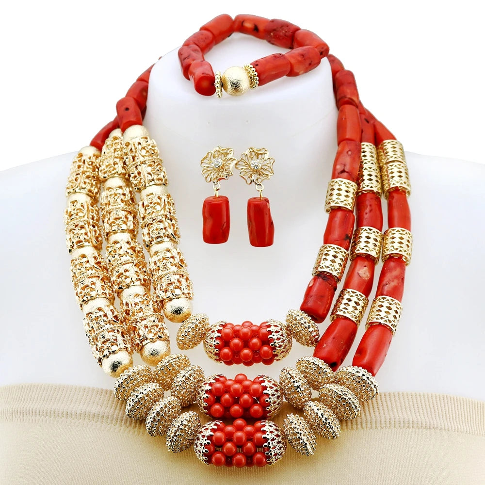 Zhuerrui Luxurious Gold-plated Coral Jewelry Set Nigerian Bridal Necklace Set Suitable for African Wedding Parties YL3117