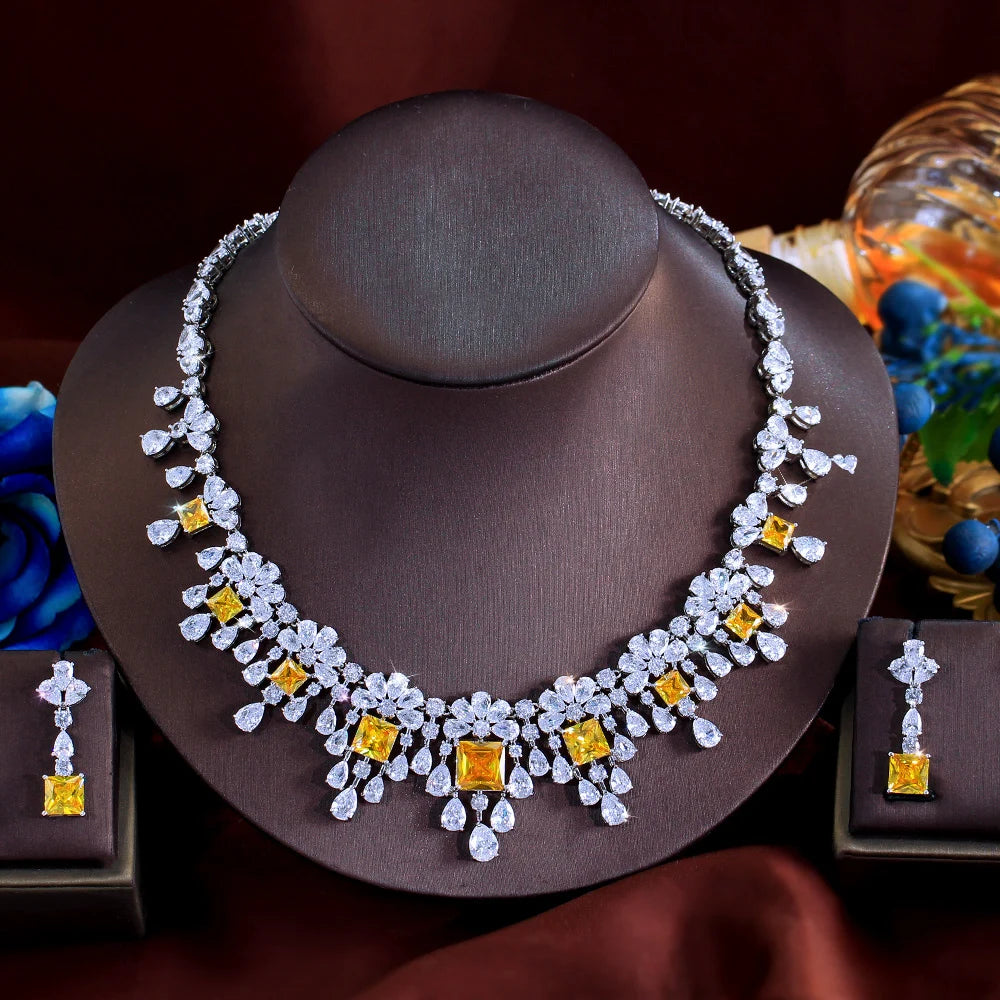 2pcs Necklace Earrings Gorgeous Yellow Square Zirconia Luxury Tassel Water Drop CZ Bridal Wedding Party Jewelry Set for Women