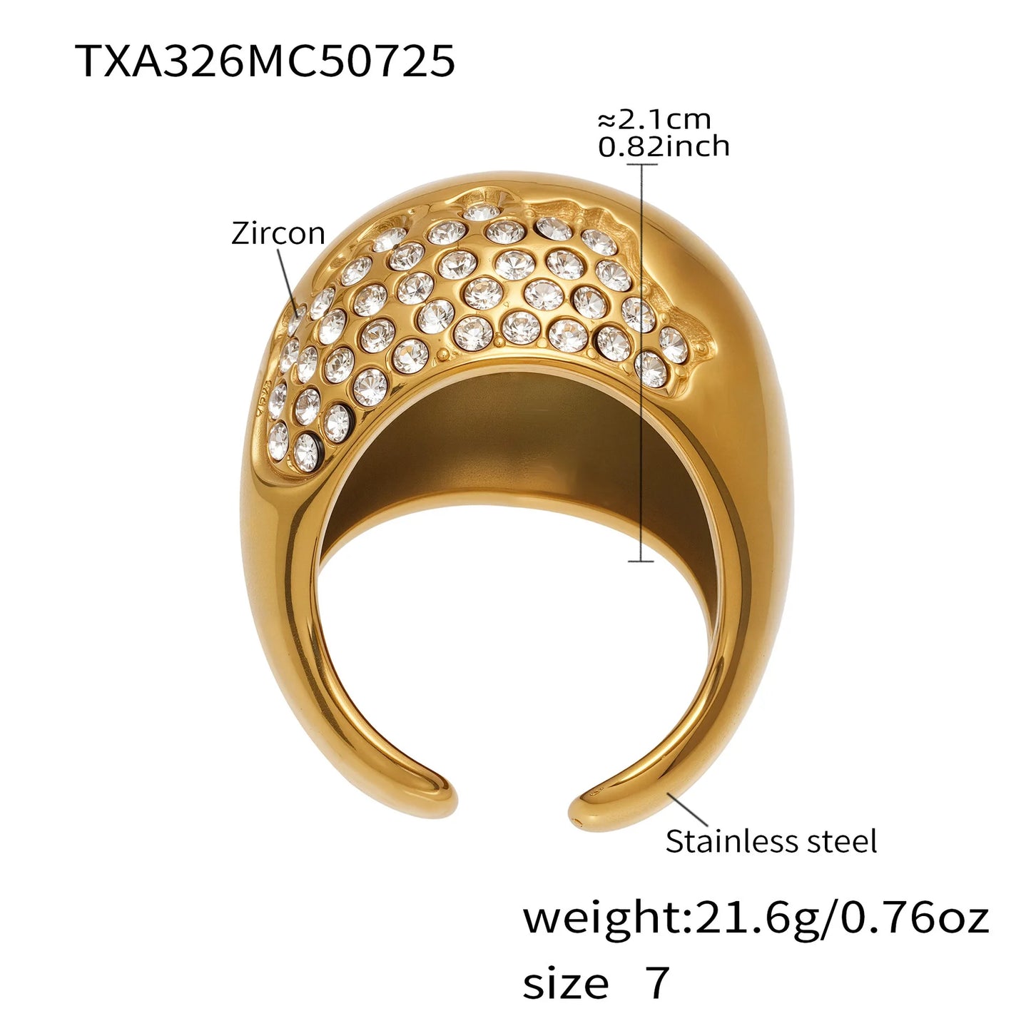 Hollow Semi-Circle Zircon Necklace, Stud Earrings & Ring | Light Luxury Geometric Stainless Steel Set