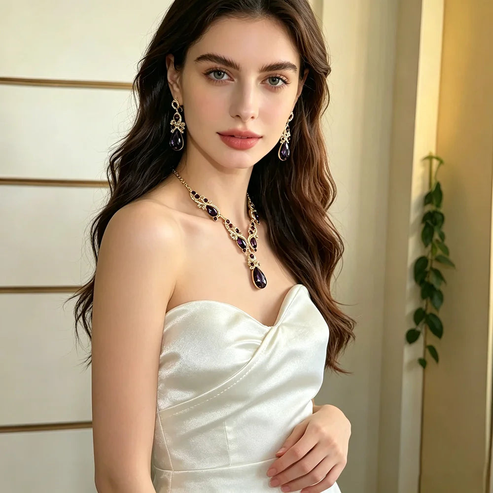 XM S373 Gold Plated Princess Cut Deep Purple Zircon Floral Statement Necklace & Drop Earrings Bridal Set