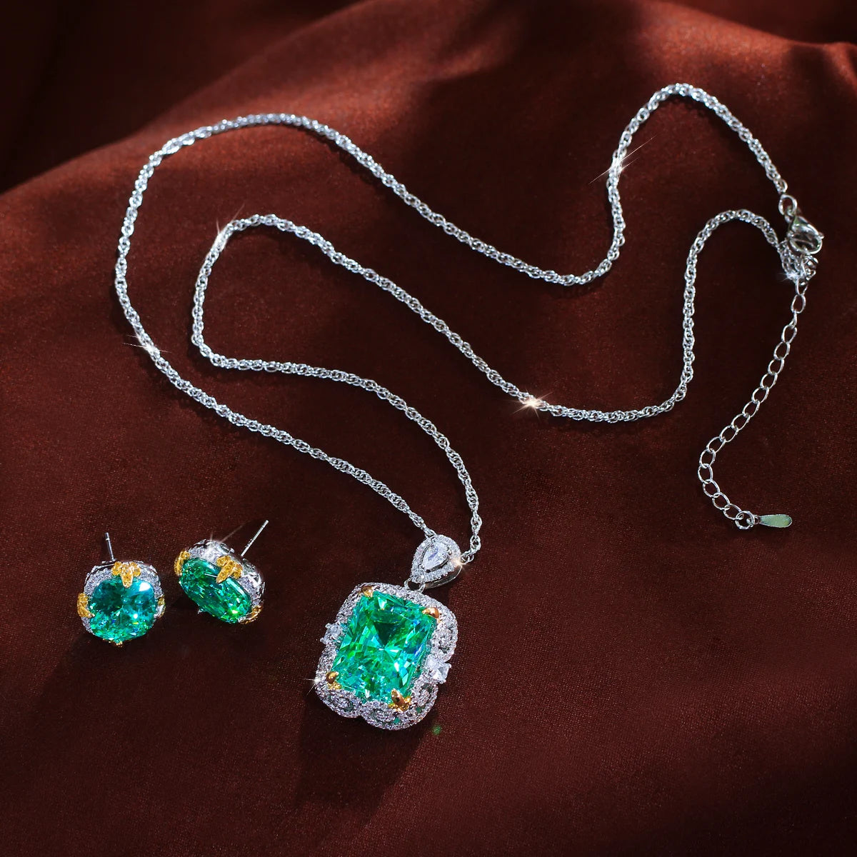 Big Green CZ Rhodium Plated Jewelry Set Princess Cut Cubic Zircon Pendant Necklace Stud Earrings Jewelry Set for Brides Wedding