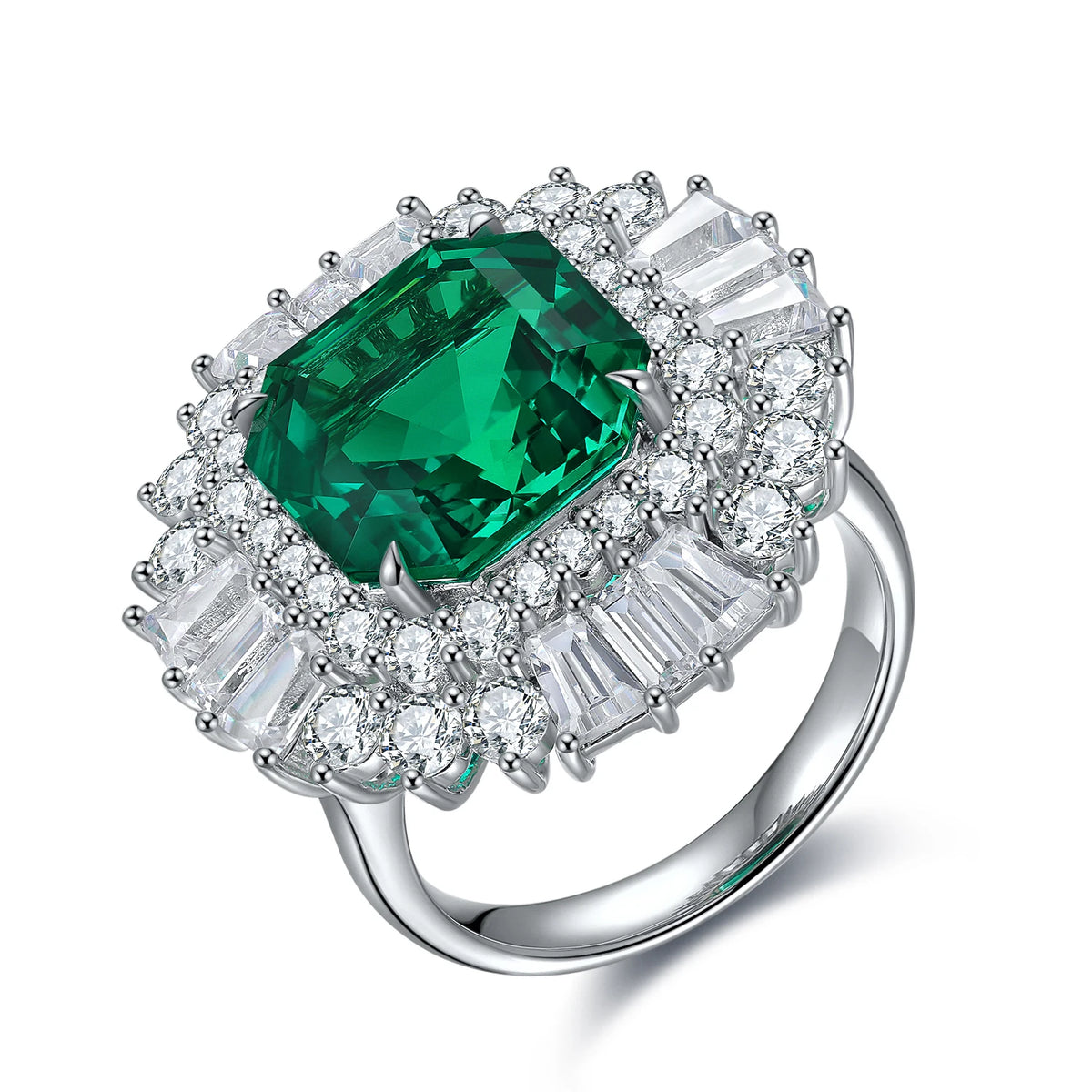 Gemfiori Anster Lab Created Emerald Women Ring S925 Sterling Silver Lab Made Diamonds and Emeralds Ring