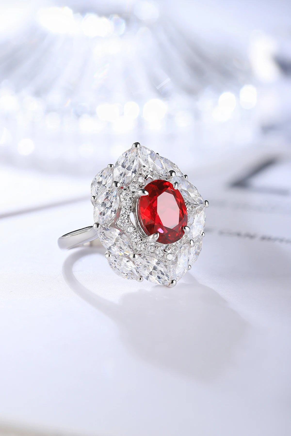 Gemfiori Hot Sale Colorful Gemstones Ring Oval 925 Sterling Silver Lab Grown Ruby Engagement Rings for Women