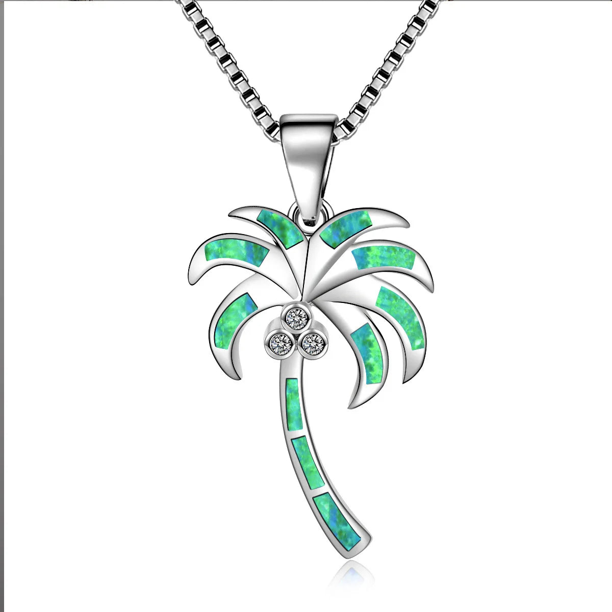Tropical Vibes Green Opal Christian Copper Sweater Chain Necklace | TikTok Viral Coconut Tree Pendant for Women