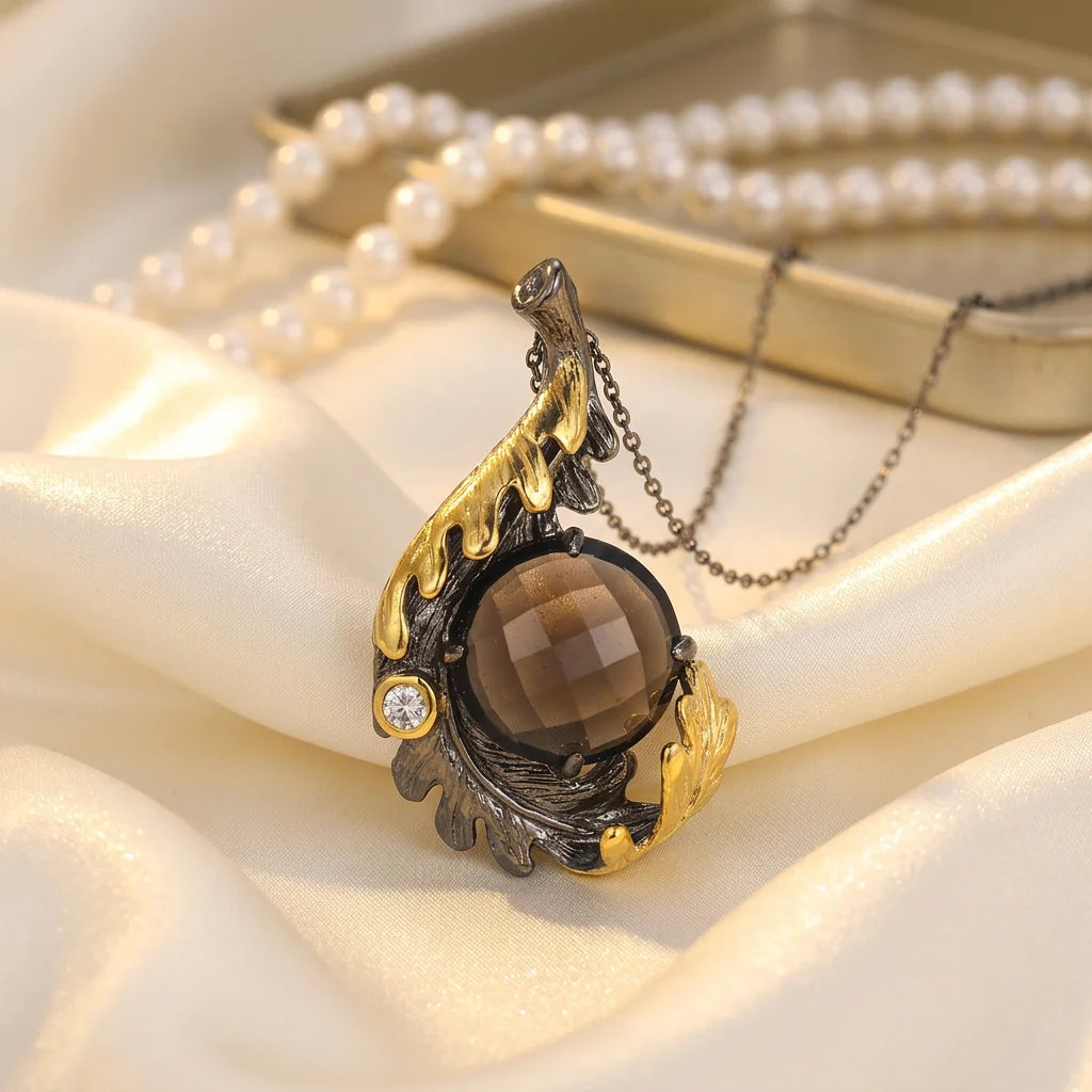 New Design Smoky Quartz Classic Sterling Silver 925 Gold Plated Pendants Women Jewelry with White Zircon Perfect Brand Gift