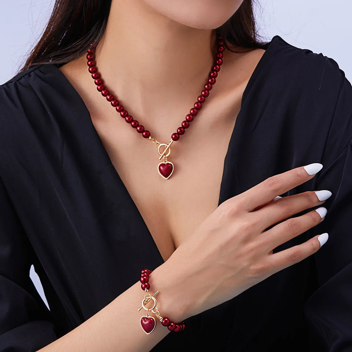 S&S Heart Charm Imitation Pearl Necklace & Bracelet Set – Collection
