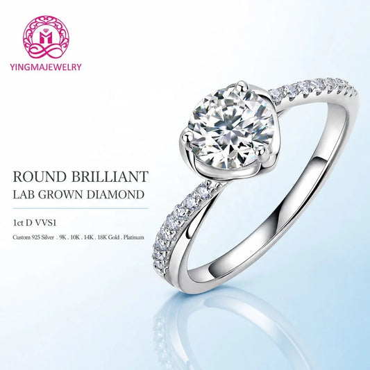 Gemfiori Elegant Lab Grown Diamond Ring 1Carat D VVS1 Half Pavé Band 9K/10K/14K/18K/PT950 Real Gold Women Premium Fine Jewelry