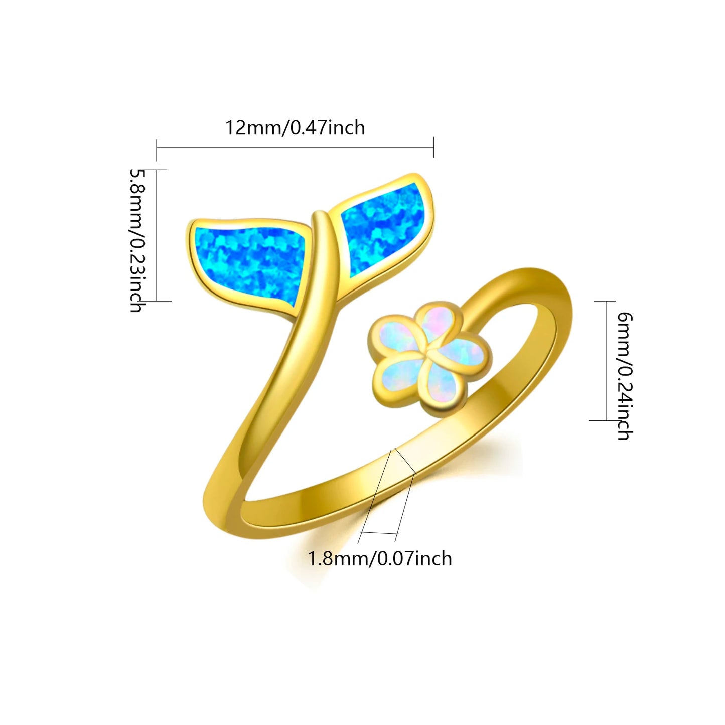 Mermaid Tail  Flower Opal Open Ring  Gem Gold-Plated Band  Enchanting Ocean-Themed Jewelry for Women Trendy Style