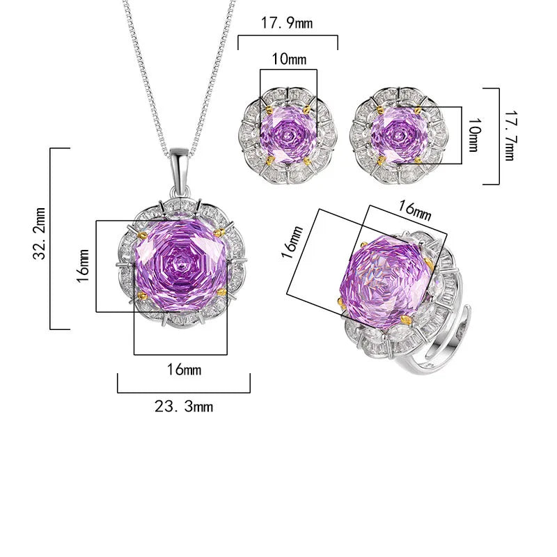 Gemfiori Light Luxury Jewelry Rose Violet Zircon Luxury Three Piece Set Wedding Party Fashion Matching
