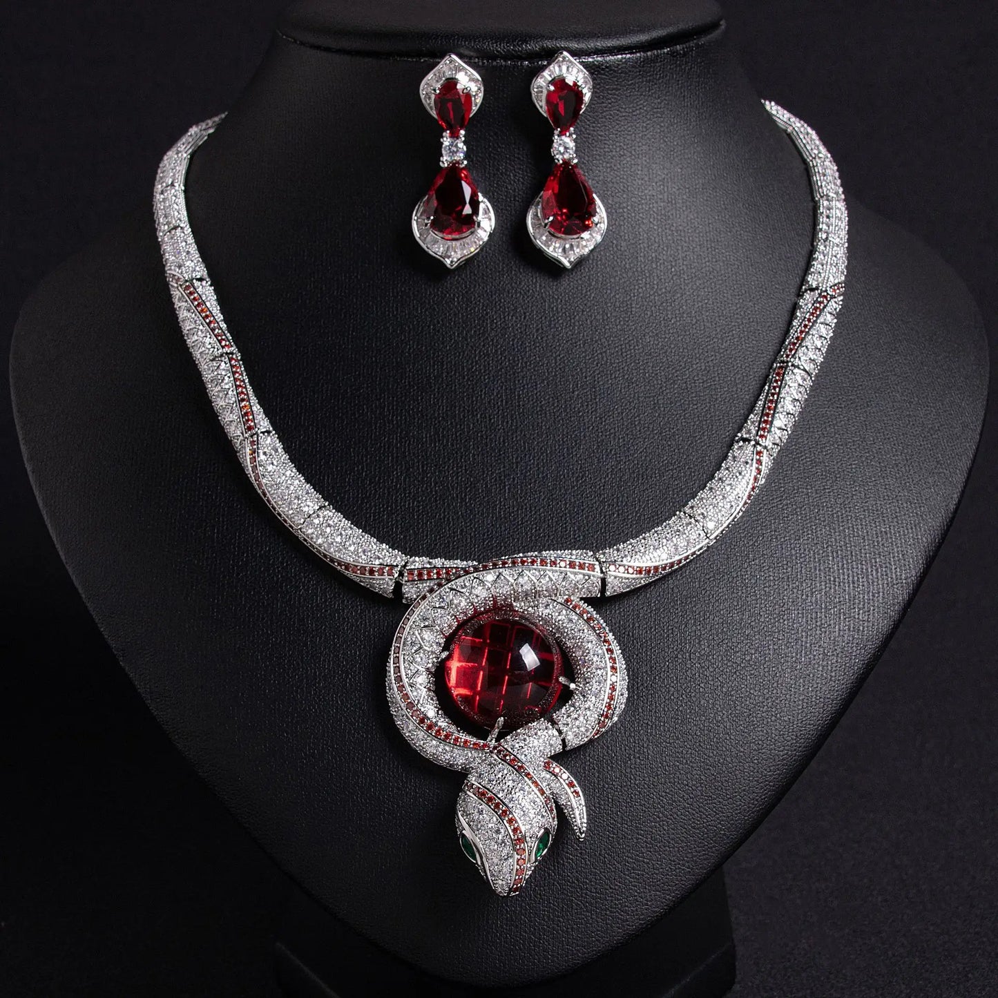 Luxury Snake Design Zircon Necklace & Earrings Jewellery Set — Purple, Red, Green & White Pearl